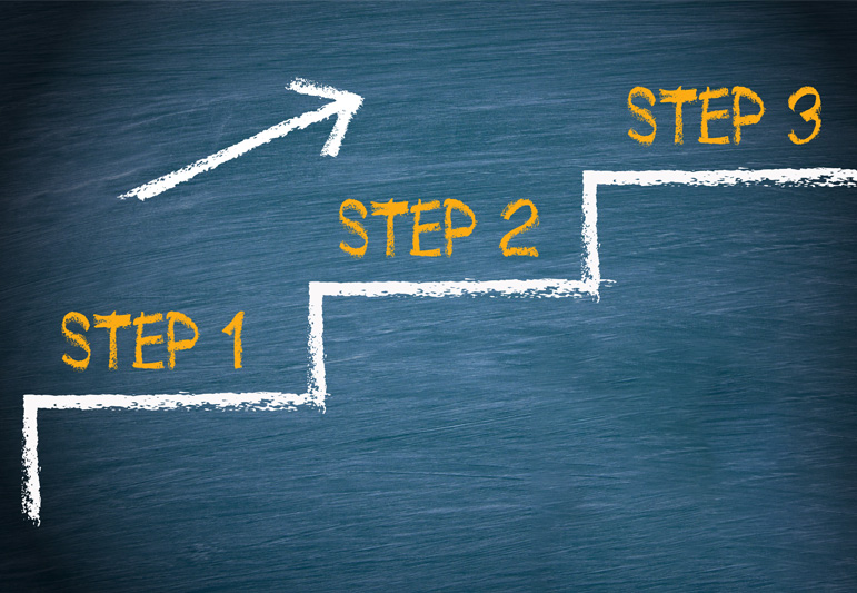 Three steps outlined on a chalkboard with Step 1, Step 2, and Step 3 above the outline and an arrow pointing up from Step 1 to Step 3.