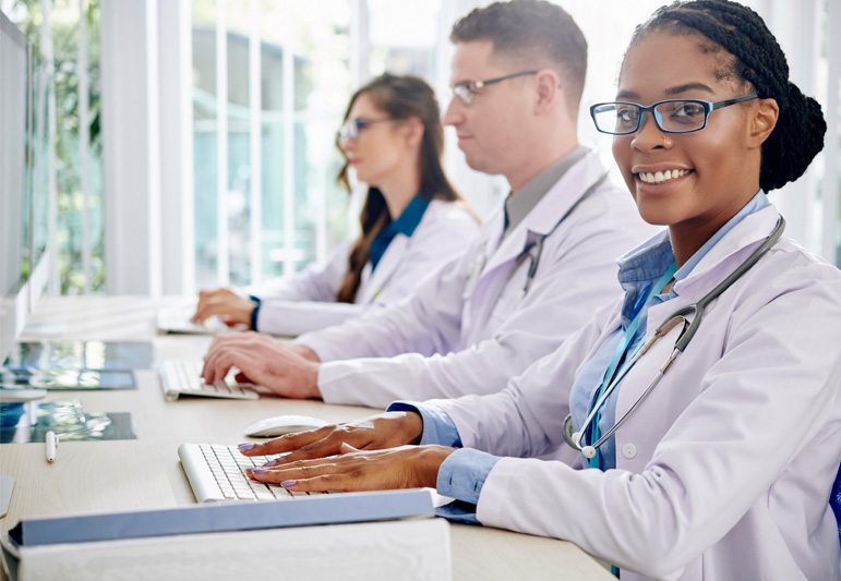 Medical intern sits for a computer-based USMLE exam