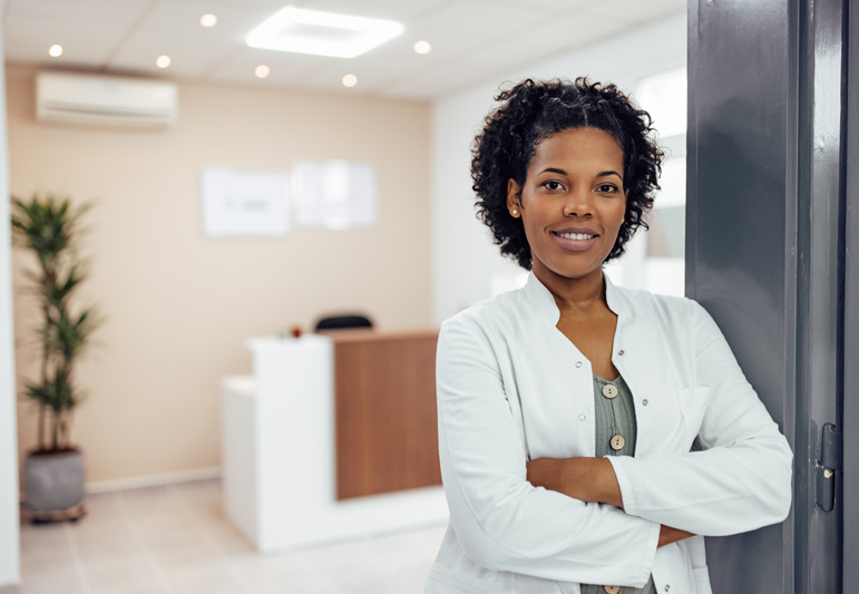 Doctor works from her private practice medical office.