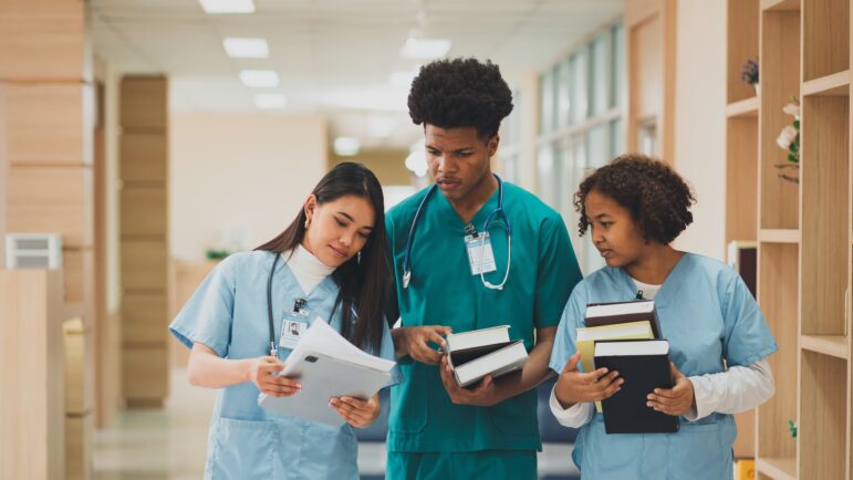 Group of African American medical students studying for the Nephrology board certification exam.